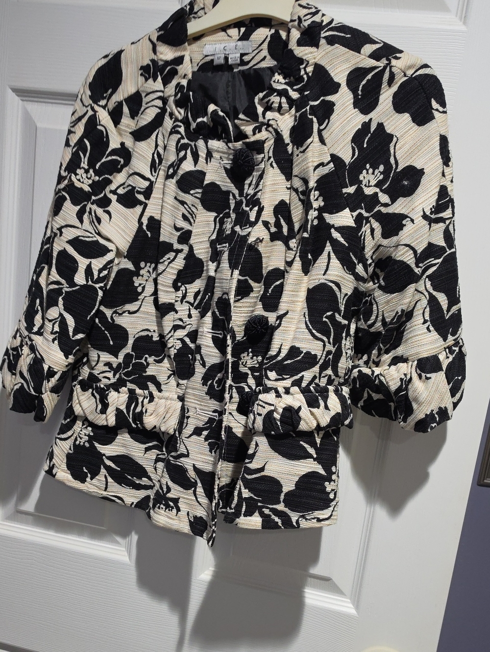 Black Floral Print on Cream Textured Button-Front Blazer